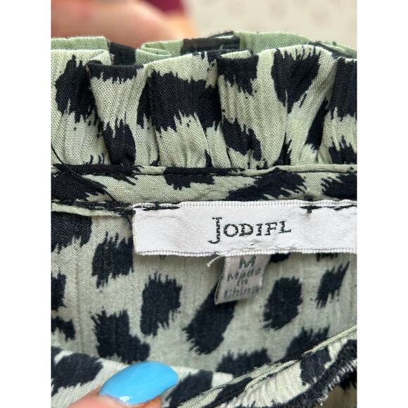 Jodifl Tiered Leopard Print Ruffle Dress Medium Sleeveless Green Black‎ - Picture 5 of 5